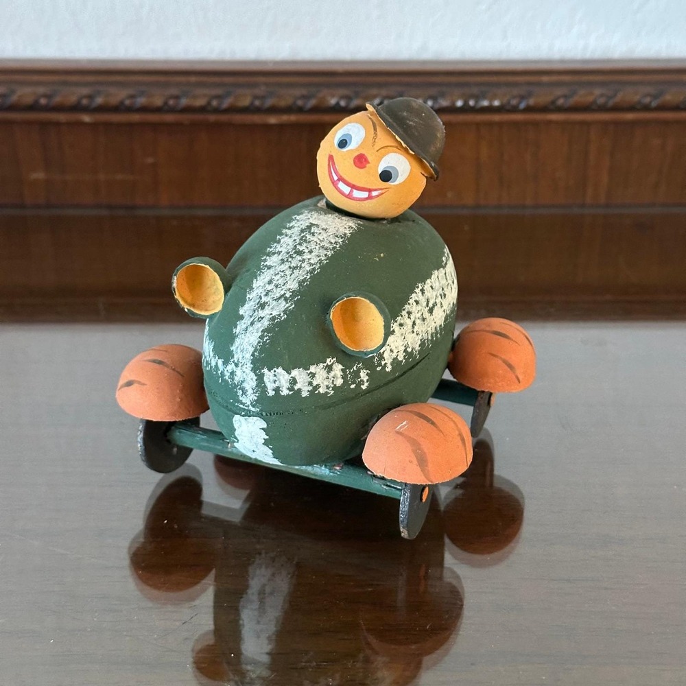 Vintage German(?) Paper Mache Easter Egg Candy Container Race Car Driver Green